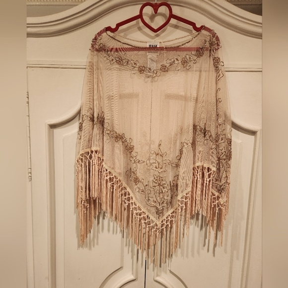 R&M RICHARDS BEAUTIFUL FRINGE HANDBEADED PONCHO Size 16 vintage brand new.rare. - Picture 1 of 15